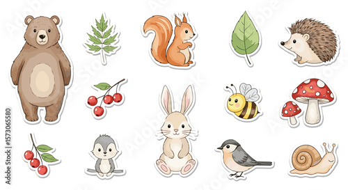 Cute watercolor woodland animals and nature elements for childrens designs and crafts