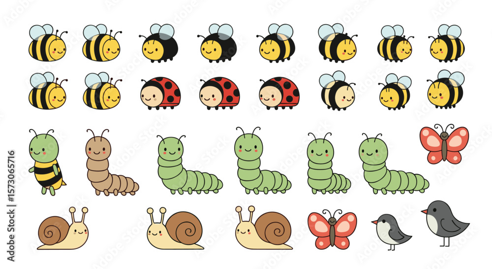 Fototapeta premium Adorable cartoon insects and garden creatures collection for childrens educational designs and illustrations