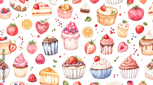 Watercolor Sweet desserts pattern on white background
