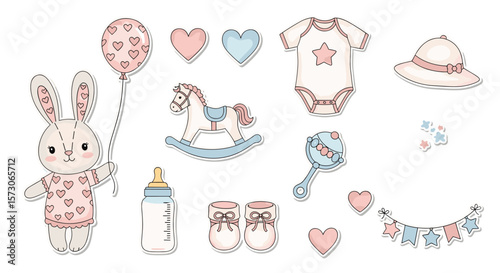 Adorable pastel baby shower elements collection featuring bunny rocking horse and clothing for a sweet celebration