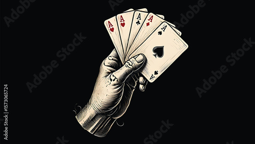Hand Holding Four Aces Playing Cards Vintage Style Illustration Beige and Red on Black Background