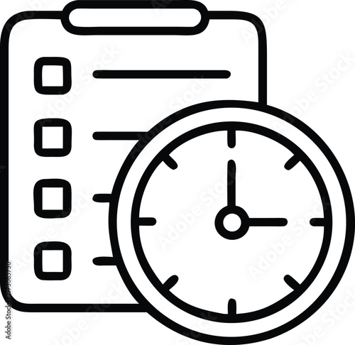 Thin outline clock icon with a checklist for time management and productivity