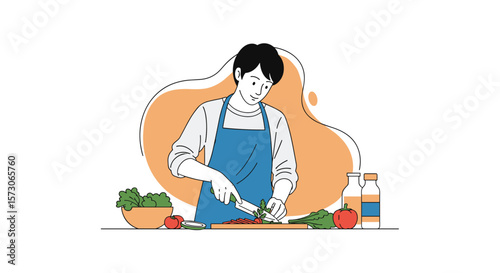 A man in a blue apron skillfully chopping fresh vegetables on a cutting board preparing a healthy meal