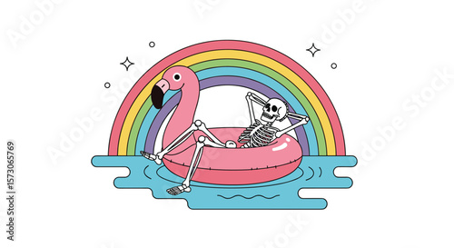 Whimsical skeleton relaxing on a flamingo float under a vibrant rainbow in the ocean waves