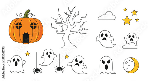 Spooky halloween elements featuring a haunted pumpkin house ghostly figures and a bare tree under a starry night sky with a crescent moon