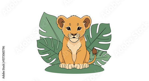 Adorable baby lion cub sitting in lush green jungle leaves looking very cute and innocent