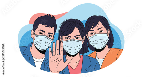 Three diverse people wearing protective face masks showing hand stop gesture with serious expressions against disease spreading prevention concept