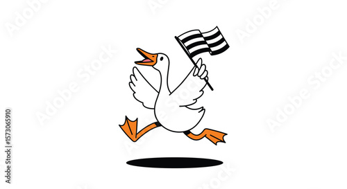 Energetic goose running forward holding a black and white striped flag with shadow underneath