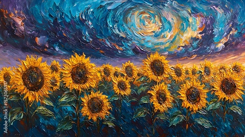 An impressionistic painting of a dramatic field of sunflowers under a swirling, textured sky of deep blues and purples, illuminated by hints of orange and yellow light. 