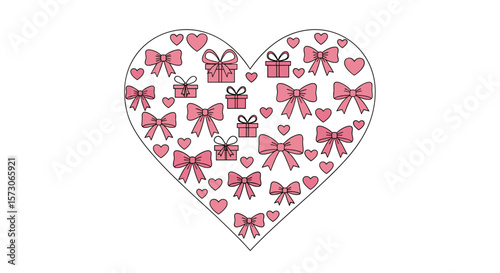A collection of pink bows and gift boxes artfully arranged inside a large heart shape celebrating love and gifting occasions