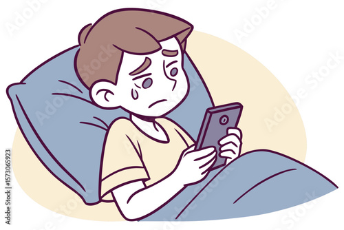 Sad boy crying while using smartphone in bed during night, vector style