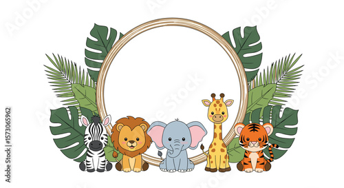 Adorable baby safari animals decorating a jungle wreath for a celebration