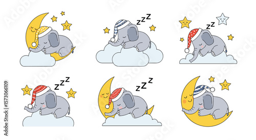 Adorable cartoon elephants sleeping peacefully on clouds and crescent moon under starry sky illustrations