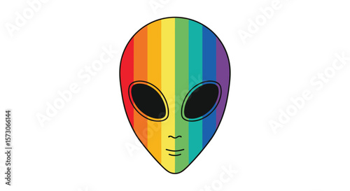 Colorful alien head featuring rainbow stripes and dark oval eyes symbolizing extraterrestrial beings and vibrant diversity