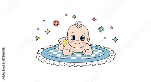 Adorable baby on a blue and white blanket surrounded by colorful stars and flowers