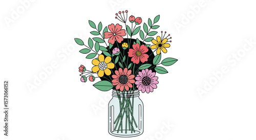 A beautiful spring bouquet of colorful wildflowers in a glass jar with a delicate butterfly perched nearby