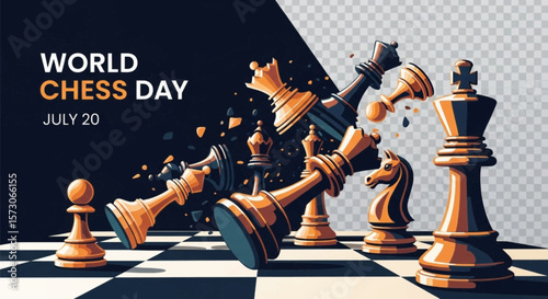 World Chess Day: A dynamic visual celebrates World Chess Day, featuring stylized chess pieces in motion on a checkered board, conveying strategy and intellectual game play.