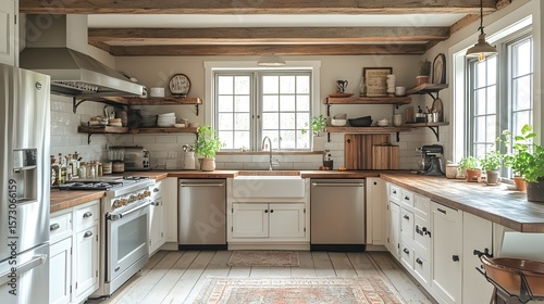 A spacious and inviting rustic farmhouse kitchen features white cabinetry, wooden countertops, exposed wooden beams, and stainless steel appliances. Open shelving displays kitchenware,