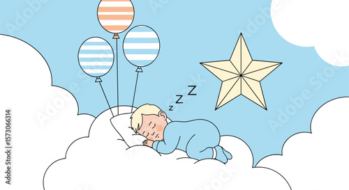 Sweet dreams little one floating on a cloud under a starry sky