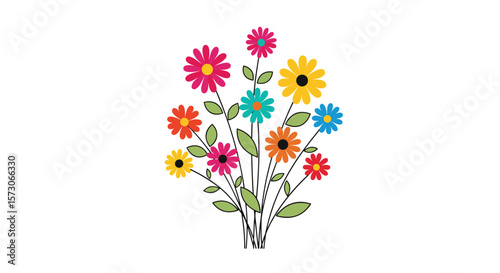 A vibrant collection of colorful daisy-like flowers on thin stems with green leaves
