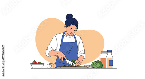 A person in an apron is chopping vegetables on a cutting board while preparing a healthy meal at home