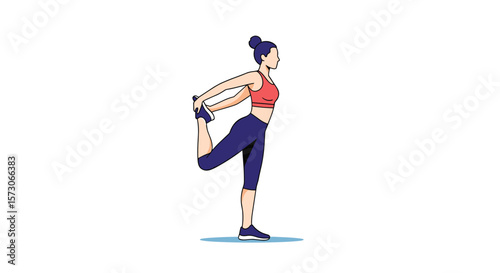 A graceful woman in athletic attire performing a dynamic standing quadriceps stretch routine