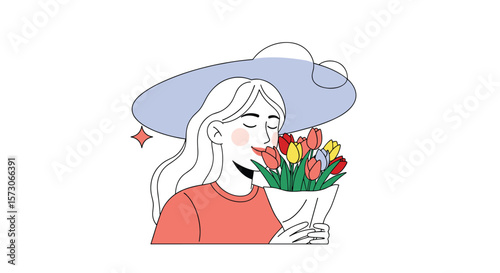 Young woman wearing a wide brim hat holding a colorful bouquet of flowers joyfully experiencing springtime bliss