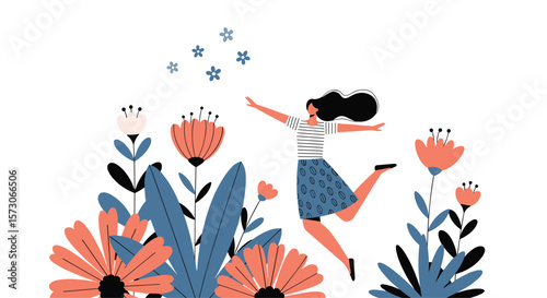 Young woman joyfully jumping among blooming flowers reaching for the stars