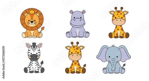 Adorable collection of six cute safari animals featuring a lion elephant zebra and giraffes sitting together for a whimsical zoo theme