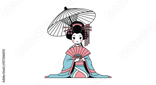 Beautiful japanese woman in traditional kimono holding an umbrella and fan illustrates graceful cultural elegance