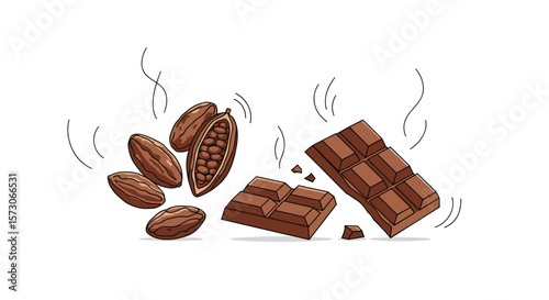 A delicious assortment of rich dark chocolate bars and fresh cacao pods symbolizing sweet indulgence