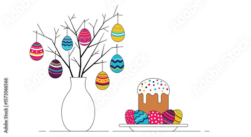 A beautifully decorated easter tree with painted eggs and a festive cake alongside traditional holiday symbols