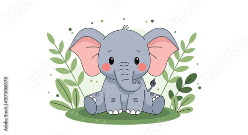 Cute baby elephant sitting among green leaves and flowers in a forest scene