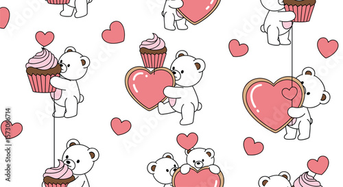 Adorable teddy bears sharing sweet moments with heart shaped cupcakes and pink hearts background