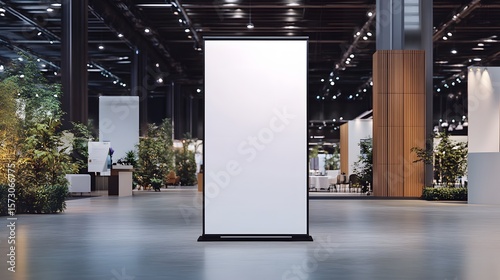 A blank, white standing banner display is positioned centrally in a spacious trade show or exhibition hall, ready for customization. 