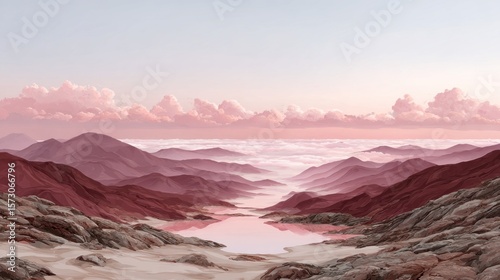 Tones of pink and soft white clouds fill the sky above a tranquil landscape. Mountains fade into the horizon, while a calm body of water mirrors the colorful sky during early morning light