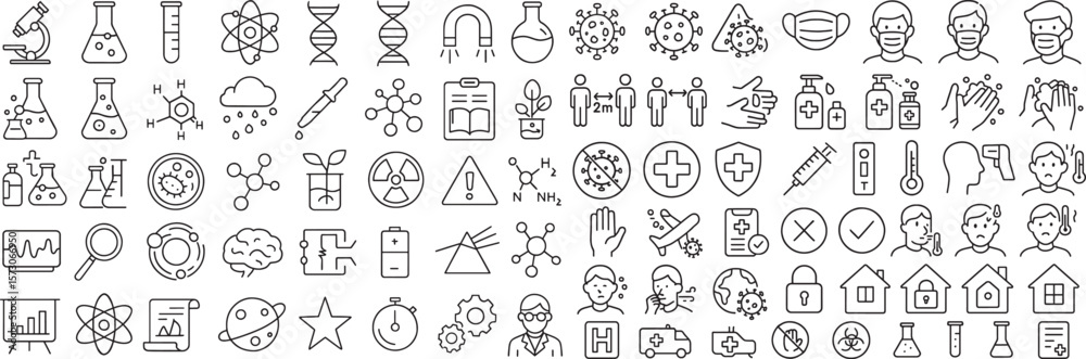 Obraz premium Collection of Scientific Research and COVID-19 Prevention Outline Icons
