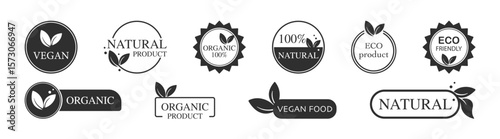 Collection of organic labels with leaves and text elements. Bio, ecology and organic tag design.