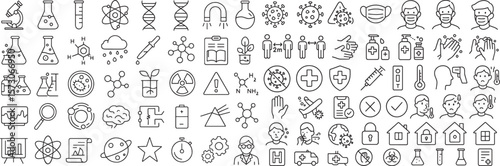 Collection of Scientific Research and COVID-19 Prevention Outline Icons