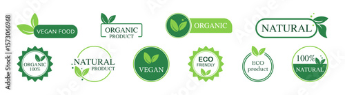 Vector green organic labels, bio emblems collection. Natural product sign. Vector illustration.