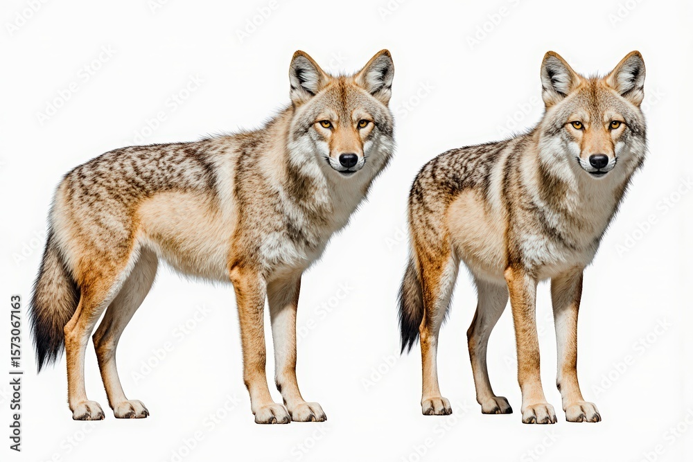 Fototapeta premium Coyote Duo in Profile: Two sleek coyotes stand in profile, their amber eyes gleaming with intelligence and alertness. This captivating portrait captures the essence of the wild.