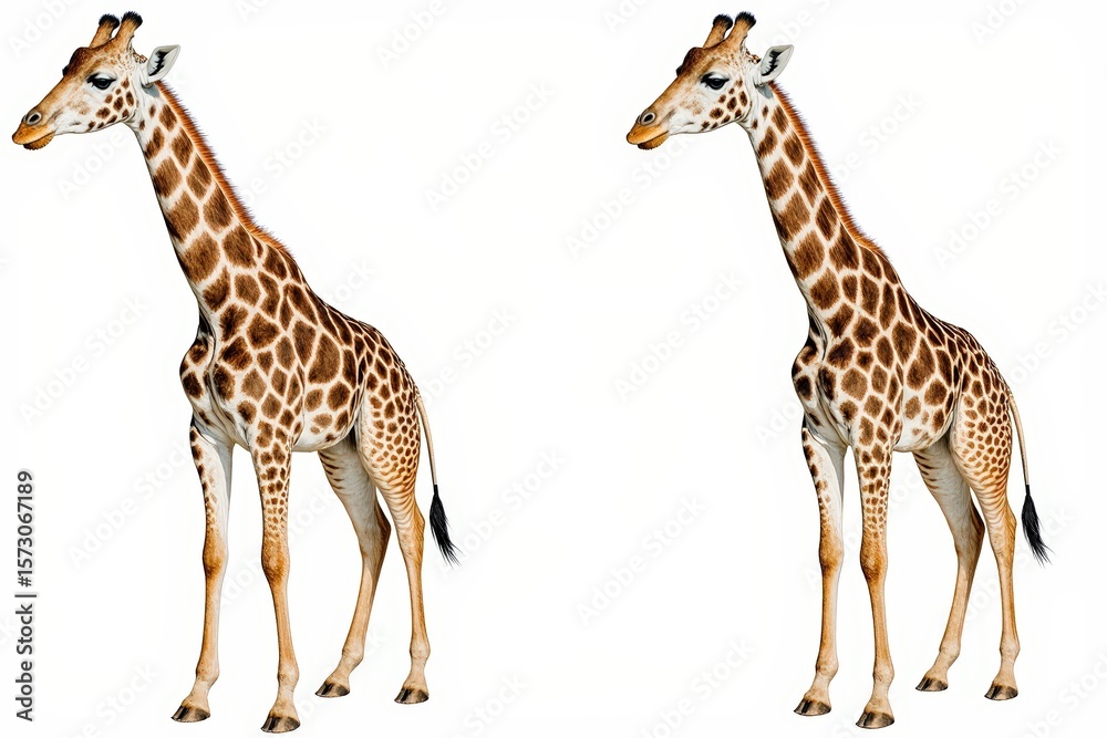 Obraz premium Giraffe Pair in the Wild: A graceful giraffe duo stands tall, showcasing their distinctive spotted coats and long necks against a backdrop of the wild