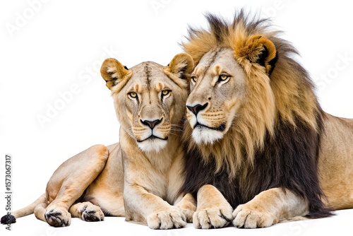 Majestic Lion and Lioness Couple  The powerful male lion stands shoulder-to-shoulder with the graceful female lioness  embodying strength and grace in a heartwarming animal wildlife.