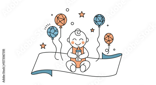 Charming illustration of a happy baby celebrating with balloons and stars on a festive day
