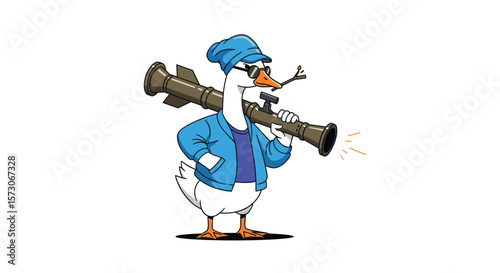 Cartoon goose holding rocket launcher and clarinet with style