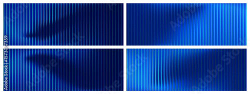 Blue fractal glass effect set with 3D gradient background and neon texture. Vertical ribbed pattern with holographic distortion and abstract prism lines. Transparent liquid wave design technology.