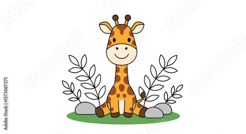 Adorable cartoon giraffe sitting amongst foliage and rocks on a grassy field
