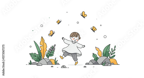 A joyful child dances amongst nature's beauty surrounded by fluttering yellow butterflies