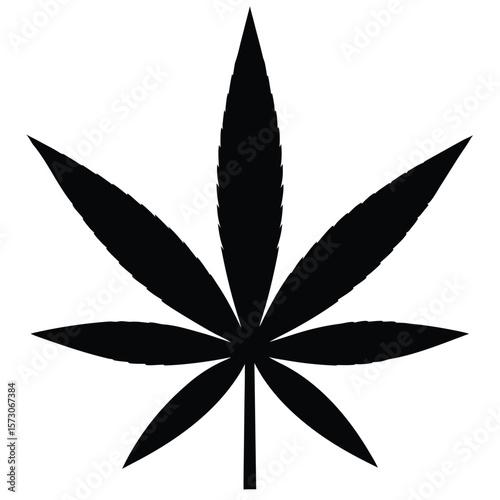 Black silhouette of a cannabis leaf with serrated edges on a white background