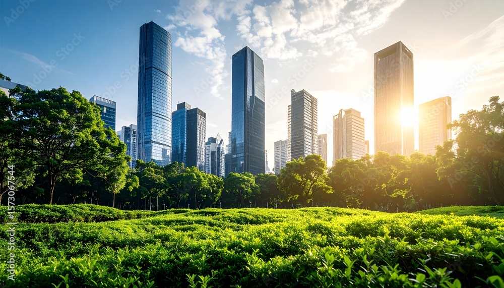 Fototapeta premium Urban skyline with lush greenery symbolizes sustainable living and eco-friendly urban development.
